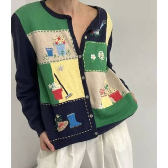 Alfred Dunner Sweaters - Vintage Alfred Dunner Sweater Women's Size Large Garden Party Embroidered Patchw